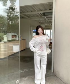 Slanted Shoulder Drawstring Long Sleeve T-Shirt for Women - Lightweight Sun Protection Top, Trendy 2025 Style, Casual Loose Fit