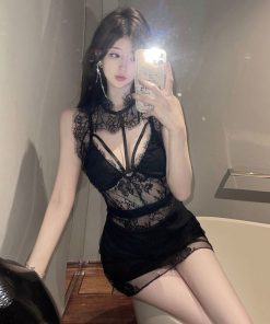 Sleeveless Bodycon Dress with Lace Splicing and Deep V-Neck â€“ Sexy Nightclub Outfit for Women, Perfect for Night Shift or Professional Wear