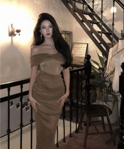 Sleeveless Mesh One-Shoulder Dress - Sparkling French Style Gown for Evening Wear, Perfect for 90s and Y2K Fashion Trends