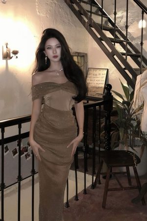 Sleeveless Mesh One-Shoulder Dress - Sparkling French Style Gown for Evening Wear, Perfect for 90s and Y2K Fashion Trends