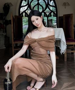 Sleeveless Mesh One-Shoulder Dress - Sparkling French Style Gown for Evening Wear, Perfect for 90s and Y2K Fashion Trends