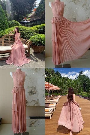 Sleeveless Pleated Chiffon Dress for Women, Water Lily Print, Long Summer Dress, Perfect for Influencers, Y2K Fashion Style