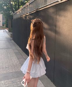 Sleeveless Striped Shirt Dress Set for Women - Tank Top & Low-Waisted Shorts - Two-Piece Summer Outfit, Casual Chic Style