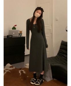 Slim Fit Black Knitted Dress for Women - French Square-Neck, Long Sleeve, Flattering Design, Perfect for Early Spring and Y2K Style