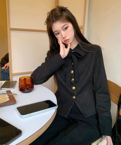 Slim Fit Black Woolen Suit Coat with Waist-Defining Top and Long Pants - Spring Fashion, Chic 90s Style Outfit for Women