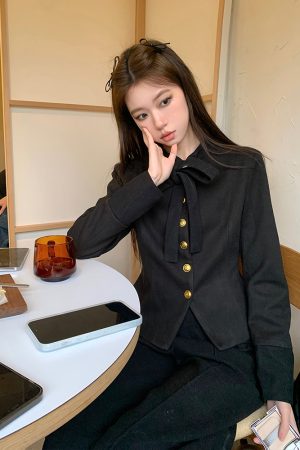 Slim Fit Black Woolen Suit Coat with Waist-Defining Top and Long Pants - Spring Fashion, Chic 90s Style Outfit for Women