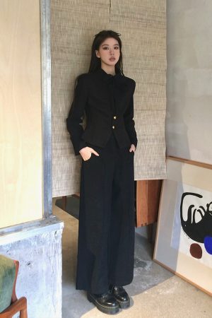 Slim Fit Black Woolen Suit Coat with Waist-Defining Top and Long Pants - Spring Fashion, Chic 90s Style Outfit for Women