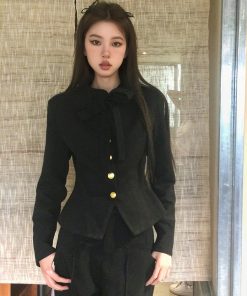 Slim Fit Black Woolen Suit Coat with Waist-Defining Top and Long Pants - Spring Fashion, Chic 90s Style Outfit for Women