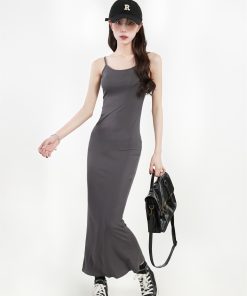Slim Fit Bodycon Gray Spaghetti Strap Dress with Adjustable Straps - Sexy Hot Girl Long Dress for 90s Y2K Style