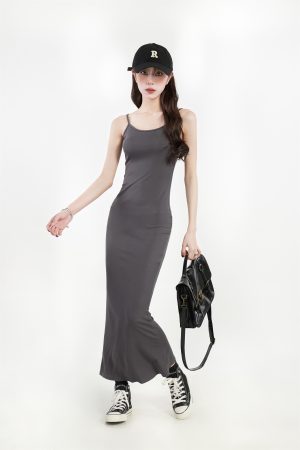 Slim Fit Bodycon Gray Spaghetti Strap Dress with Adjustable Straps - Sexy Hot Girl Long Dress for 90s Y2K Style