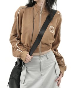 Slim Fit College Style Short Jacket for Women, Casual Zipper Cardigan, Autumn 2025, Stand Collar, Trendy 90s Inspired Outerwear