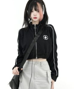 Slim Fit College Style Short Jacket for Women, Casual Zipper Cardigan, Autumn 2025, Stand Collar, Trendy 90s Inspired Outerwear