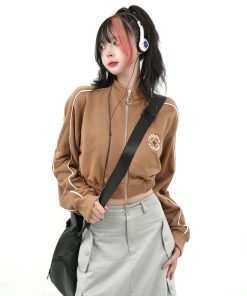 Slim Fit College Style Short Jacket for Women, Casual Zipper Cardigan, Autumn 2025, Stand Collar, Trendy 90s Inspired Outerwear