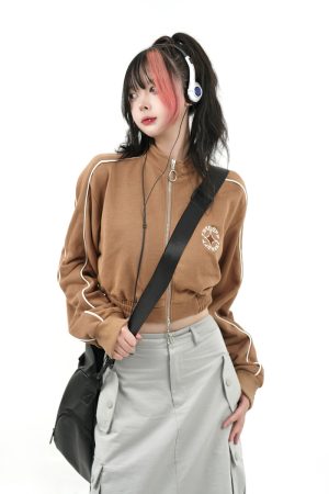 Slim Fit College Style Short Jacket for Women, Casual Zipper Cardigan, Autumn 2025, Stand Collar, Trendy 90s Inspired Outerwear