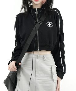 Slim Fit College Style Short Jacket for Women, Casual Zipper Cardigan, Autumn 2025, Stand Collar, Trendy 90s Inspired Outerwear