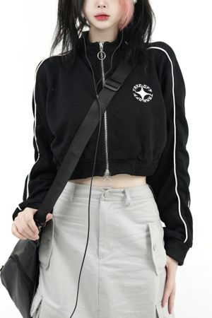 Slim Fit College Style Short Jacket for Women, Casual Zipper Cardigan, Autumn 2025, Stand Collar, Trendy 90s Inspired Outerwear