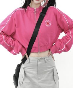 Slim Fit College Style Short Jacket for Women, Casual Zipper Cardigan, Autumn 2025, Stand Collar, Trendy 90s Inspired Outerwear