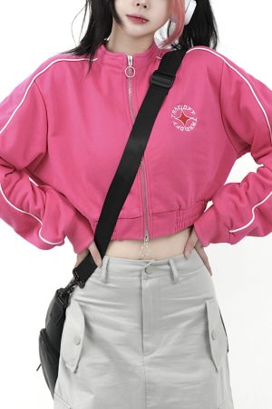Slim Fit College Style Short Jacket for Women, Casual Zipper Cardigan, Autumn 2025, Stand Collar, Trendy 90s Inspired Outerwear