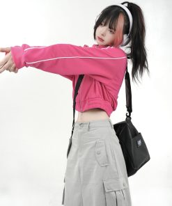 Slim Fit College Style Short Jacket for Women, Casual Zipper Cardigan, Autumn 2025, Stand Collar, Trendy 90s Inspired Outerwear