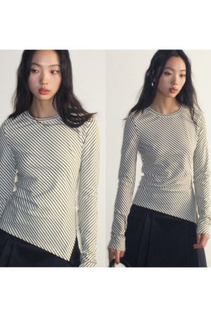 Slim-Fit Diagonal Striped Irregular Hem Long Sleeve T-Shirt - Trendy Casual Wear for Y2K and Korean Style Fashion
