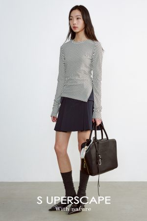 Slim-Fit Diagonal Striped Irregular Hem Long Sleeve T-Shirt - Trendy Casual Wear for Y2K and Korean Style Fashion