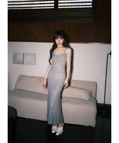 Slim-Fit Fishtail Sweater Dress for Women - Knitted Long Dress with Straps, Perfect for 90s and Y2K Style