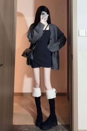 Slim Fit Gray Bodycon Dress for Women, Petite Style with Short Skirt, Stylish Sweater Cardigan Set for Spring Fashion
