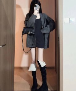 Slim Fit Gray Bodycon Dress for Women, Petite Style with Short Skirt, Stylish Sweater Cardigan Set for Spring Fashion