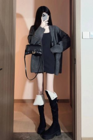 Slim Fit Gray Bodycon Dress for Women, Petite Style with Short Skirt, Stylish Sweater Cardigan Set for Spring Fashion