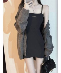 Slim Fit Gray Bodycon Dress for Women, Petite Style with Short Skirt, Stylish Sweater Cardigan Set for Spring Fashion