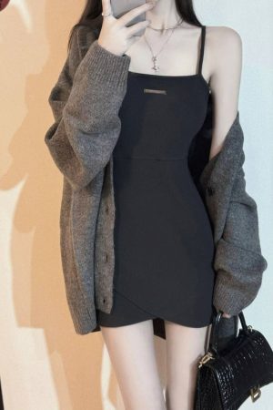 Slim Fit Gray Bodycon Dress for Women, Petite Style with Short Skirt, Stylish Sweater Cardigan Set for Spring Fashion