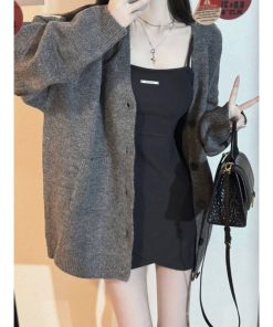 Slim Fit Gray Bodycon Dress for Women, Petite Style with Short Skirt, Stylish Sweater Cardigan Set for Spring Fashion