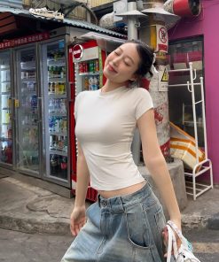 Slim Fit Ice Feel T-Shirt for Women - Summer Small Round Neck with Face Mask Design - Lightweight Tencel Short Sleeve Fashion Top