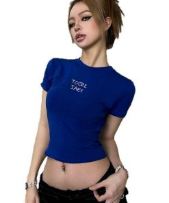 Slim Fit Klein Blue Printed Short Sleeve T-Shirt - Comfortable Breathable Cotton Round Neck American Style Fashion Top
