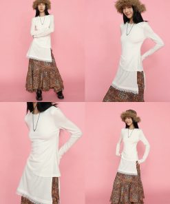 Slim-Fit Lace-Trimmed Long Faux Two-Piece Split Hem T-Shirt - Y2K Inspired Stylish Top for Effortless Chic Looks