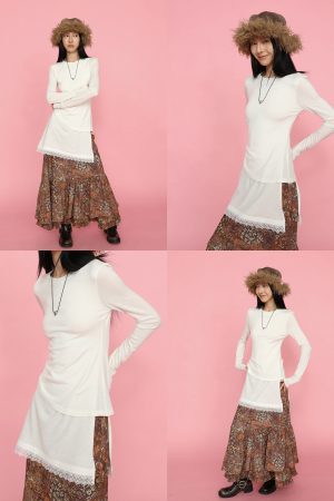 Slim-Fit Lace-Trimmed Long Faux Two-Piece Split Hem T-Shirt - Y2K Inspired Stylish Top for Effortless Chic Looks