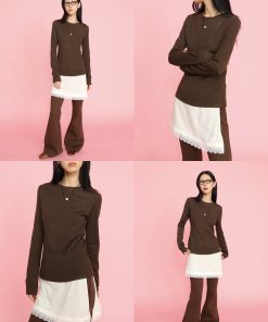 Slim-Fit Lace-Trimmed Long Faux Two-Piece Split Hem T-Shirt - Y2K Inspired Stylish Top for Effortless Chic Looks