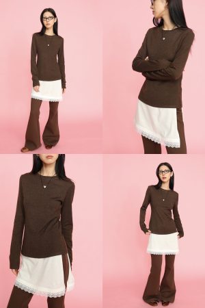 Slim-Fit Lace-Trimmed Long Faux Two-Piece Split Hem T-Shirt - Y2K Inspired Stylish Top for Effortless Chic Looks