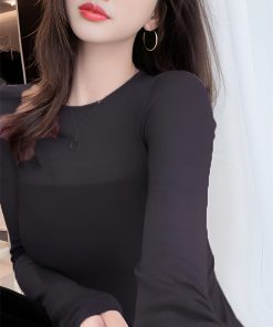 Slim-Fit Sheer Mesh Long Sleeve T-Shirt for Women - Stylish Base Layer Top for Spring and Autumn 2025