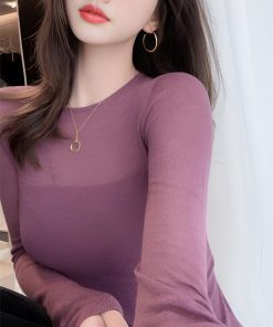 Slim-Fit Sheer Mesh Long Sleeve T-Shirt for Women - Stylish Base Layer Top for Spring and Autumn 2025