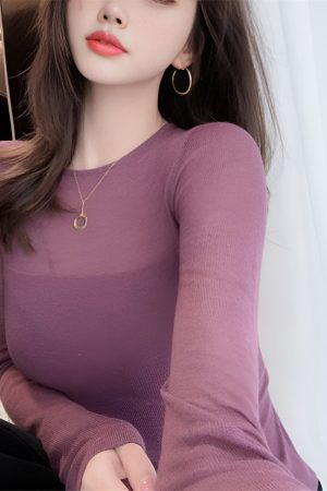 Slim-Fit Sheer Mesh Long Sleeve T-Shirt for Women - Stylish Base Layer Top for Spring and Autumn 2025