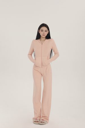 Slim Fit Two-Tone Knitted Hooded Jacket and Straight Leg Pants Set for Women - Spring Fashion, Casual Chic, Stylish Two-Piece Outfit