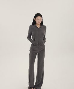 Slim Fit Two-Tone Knitted Hooded Jacket and Straight Leg Pants Set for Women - Spring Fashion, Casual Chic, Stylish Two-Piece Outfit