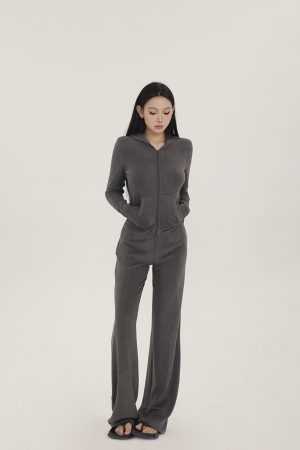 Slim Fit Two-Tone Knitted Hooded Jacket and Straight Leg Pants Set for Women - Spring Fashion, Casual Chic, Stylish Two-Piece Outfit