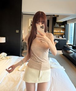 Slim Fit V-Neck Short Sleeve T-Shirt for Women, Cloud Base Elastic Design, Versatile Spring/Summer Essential, Casual Fashion