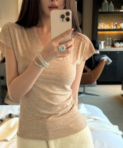 Slim Fit V-Neck Short Sleeve T-Shirt for Women, Cloud Base Elastic Design, Versatile Spring/Summer Essential, Casual Fashion