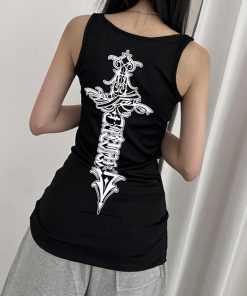 Slim-Fit Versatile Ribbed Tank Top with Cross Totem Print - American Casual Street Style Trendy Y2K Fashion Top