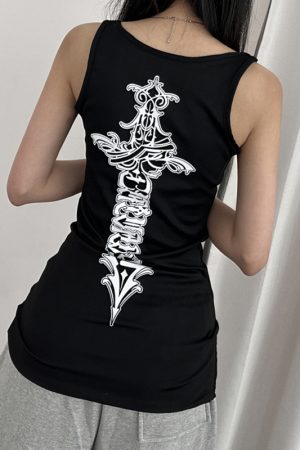 Slim-Fit Versatile Ribbed Tank Top with Cross Totem Print - American Casual Street Style Trendy Y2K Fashion Top
