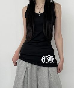 Slim-Fit Versatile Ribbed Tank Top with Cross Totem Print - American Casual Street Style Trendy Y2K Fashion Top