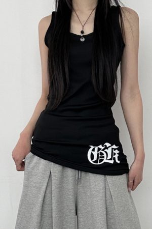 Slim-Fit Versatile Ribbed Tank Top with Cross Totem Print - American Casual Street Style Trendy Y2K Fashion Top